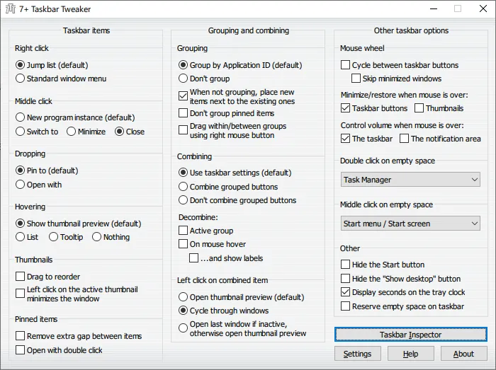 7+Taskbar option interface