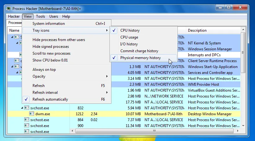 Process Hacker setting tray menu