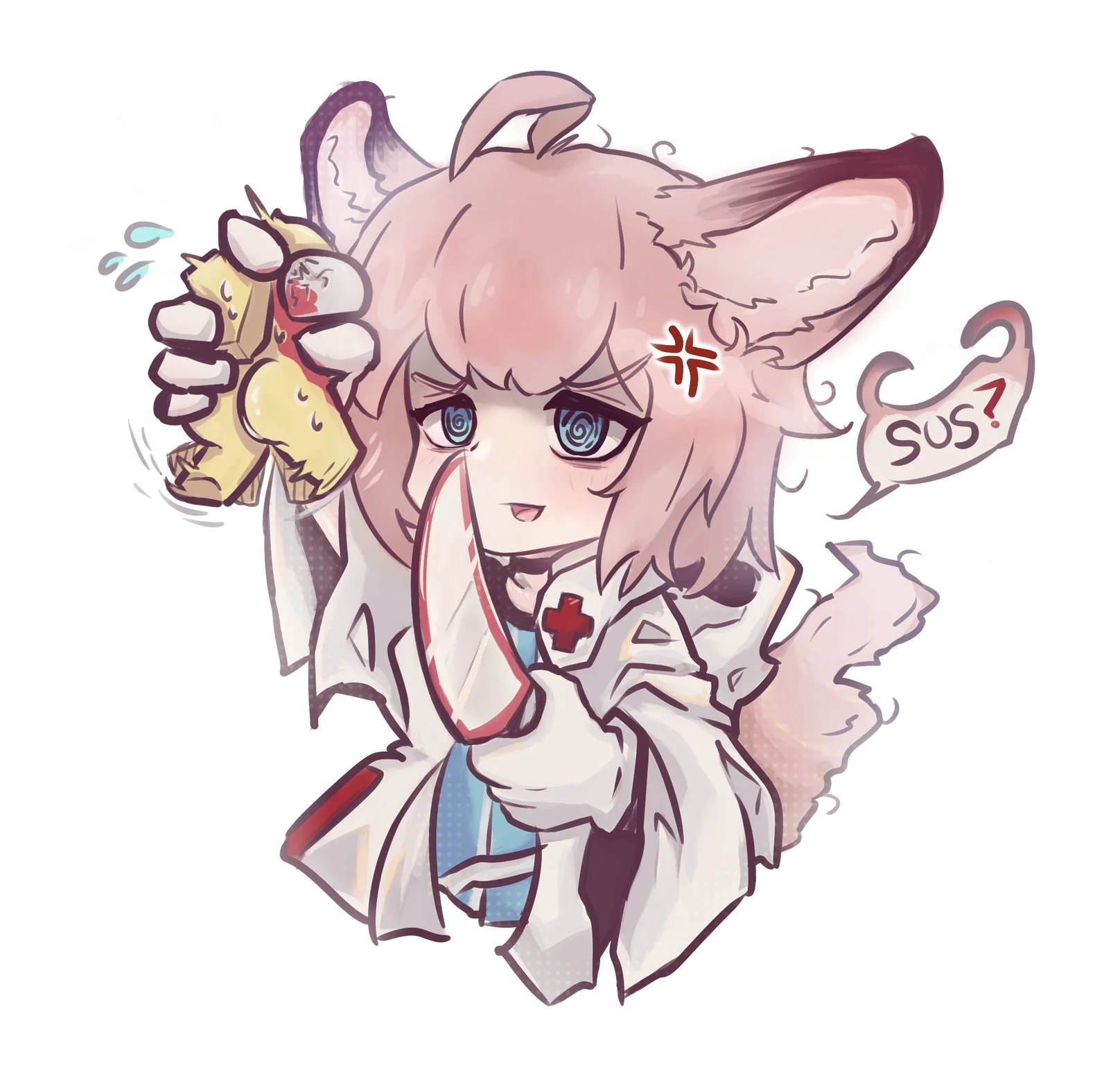 Sussurro grabbing tightly of a small yellow crewmate while threatening it with a knife because who's the sussy baka now? (sorry)