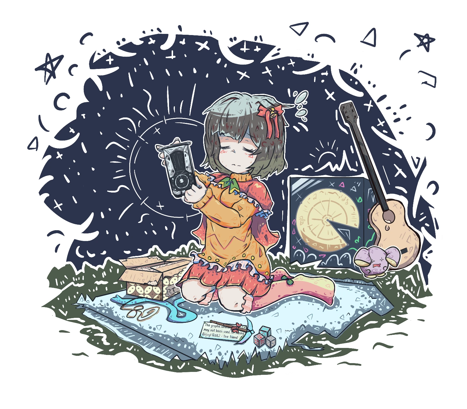 A girl opening christmas gift containing an used GPU for mining