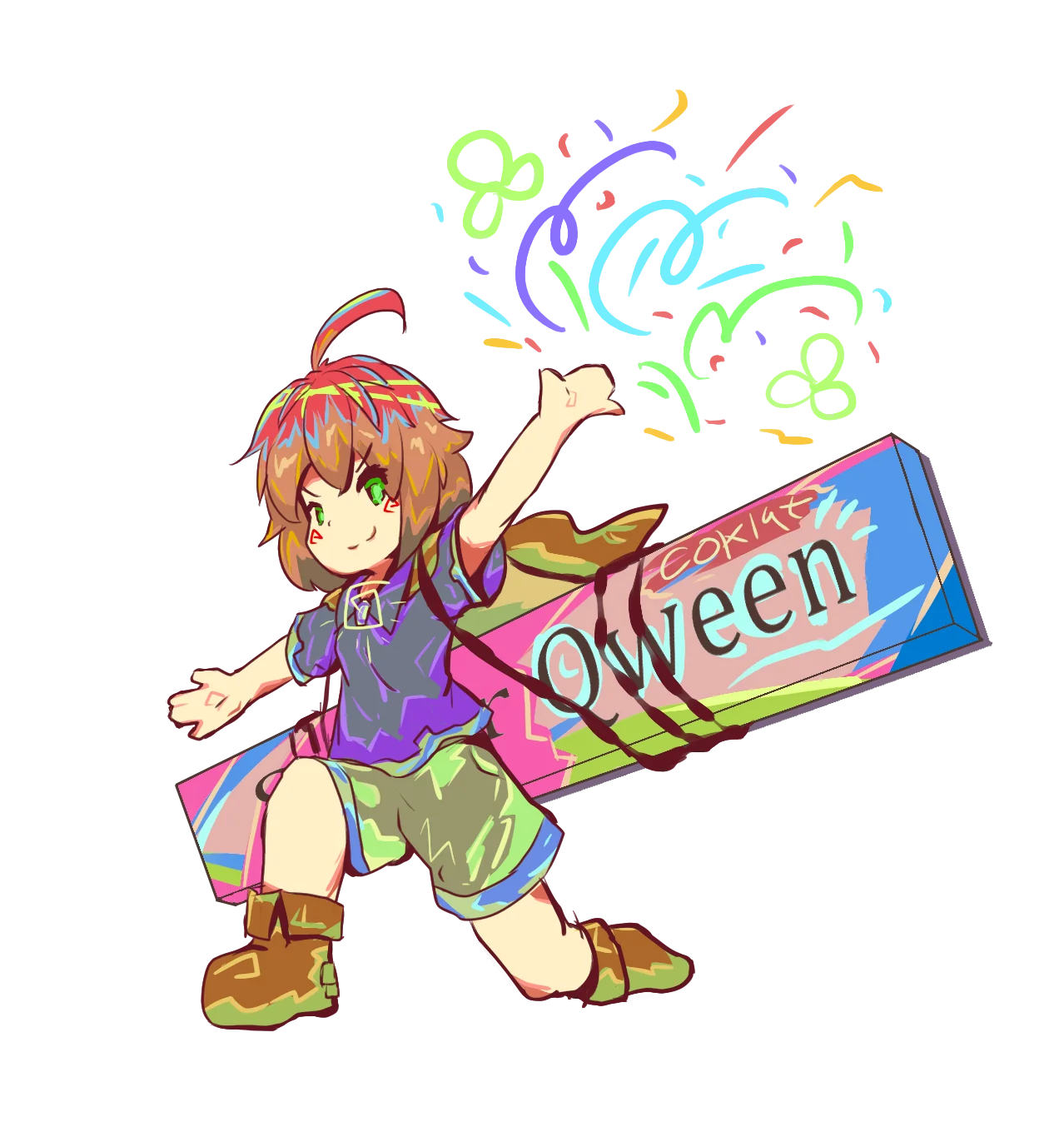 Clover on the knee festively with a giant chocolate on her back