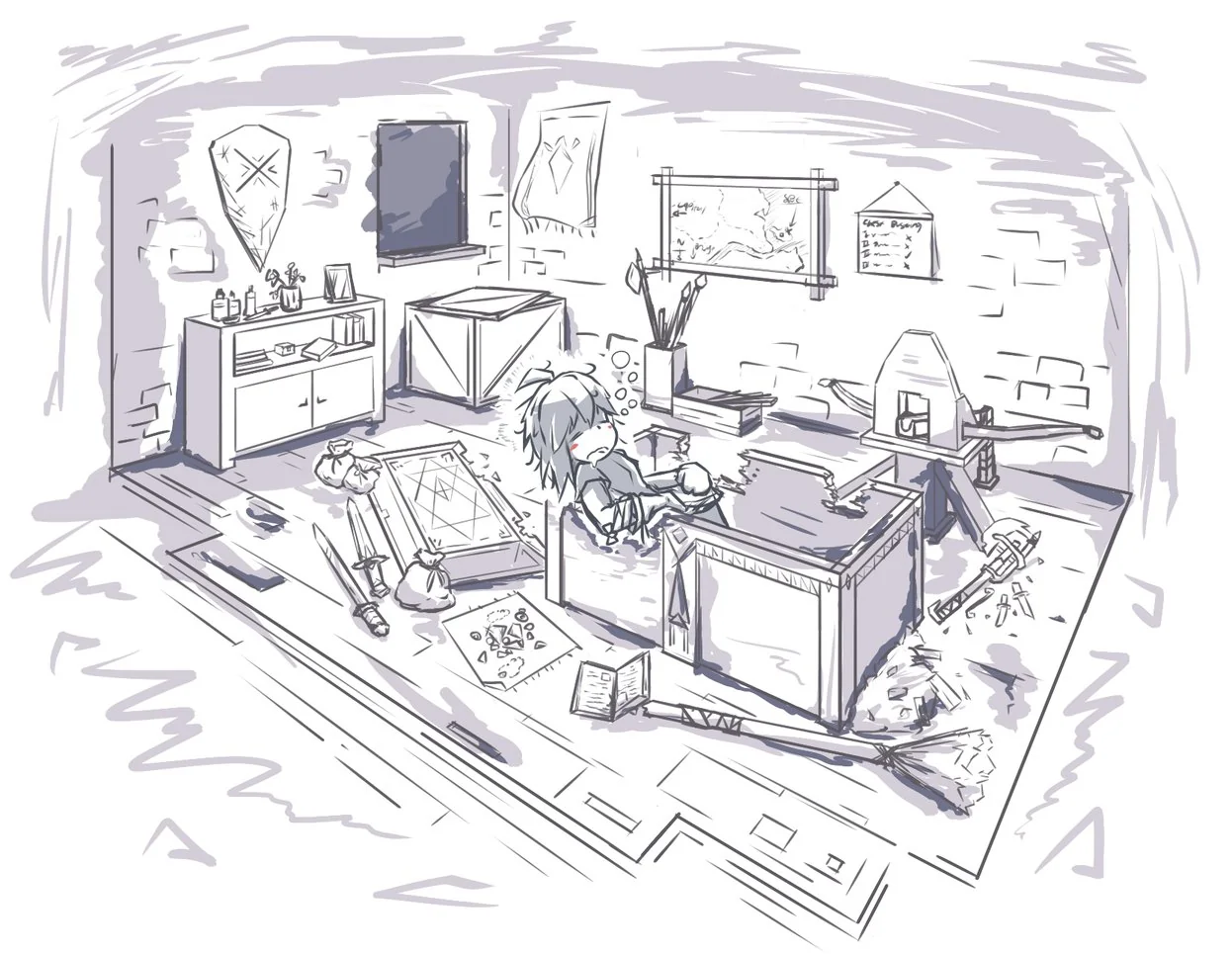 Clover sleeping in an open treasure chest on her room