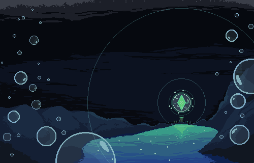 A river-like and bubbly landscape with glowing towers in the distance