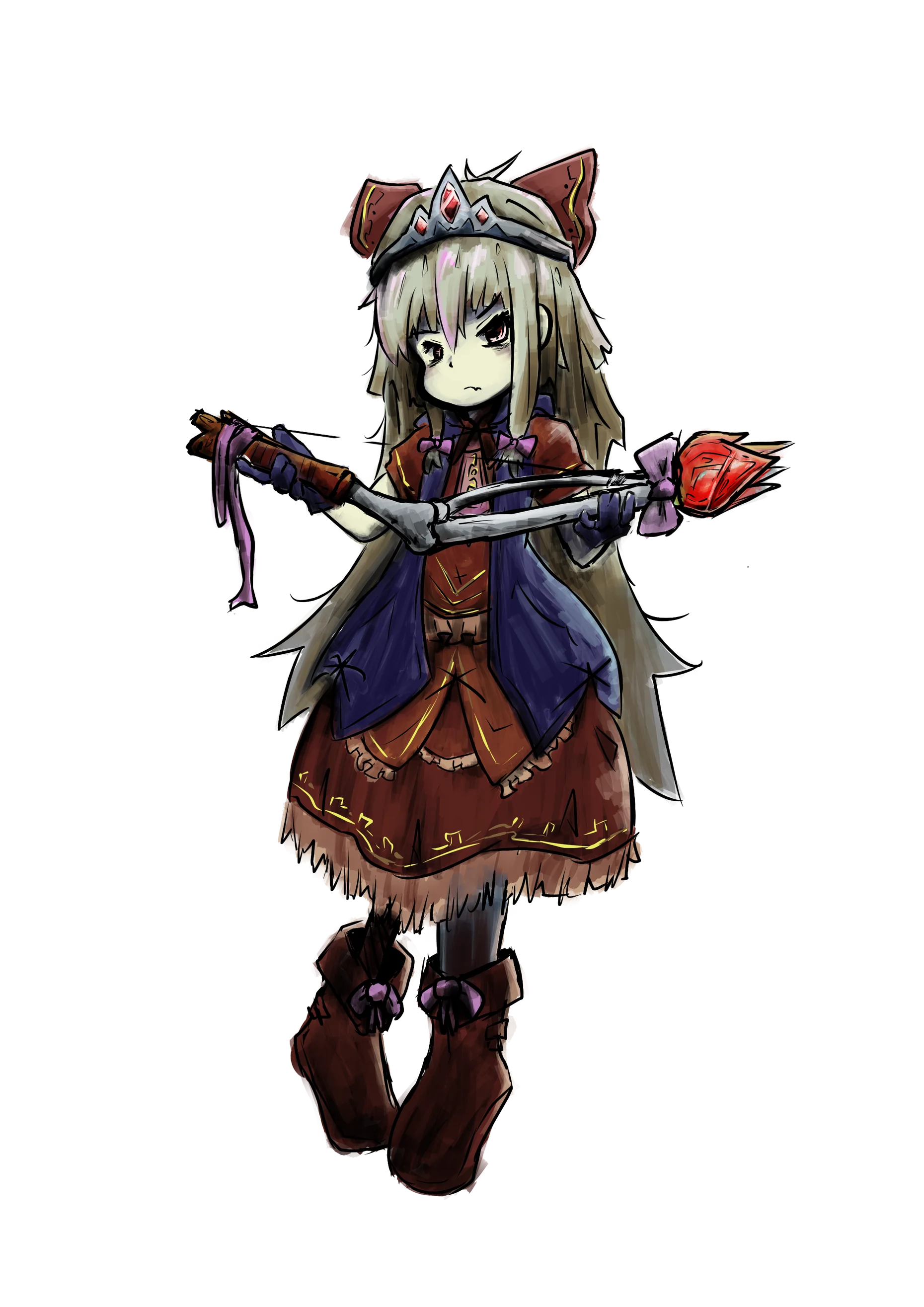 A girl with ornate dress holding a staff made out of bones