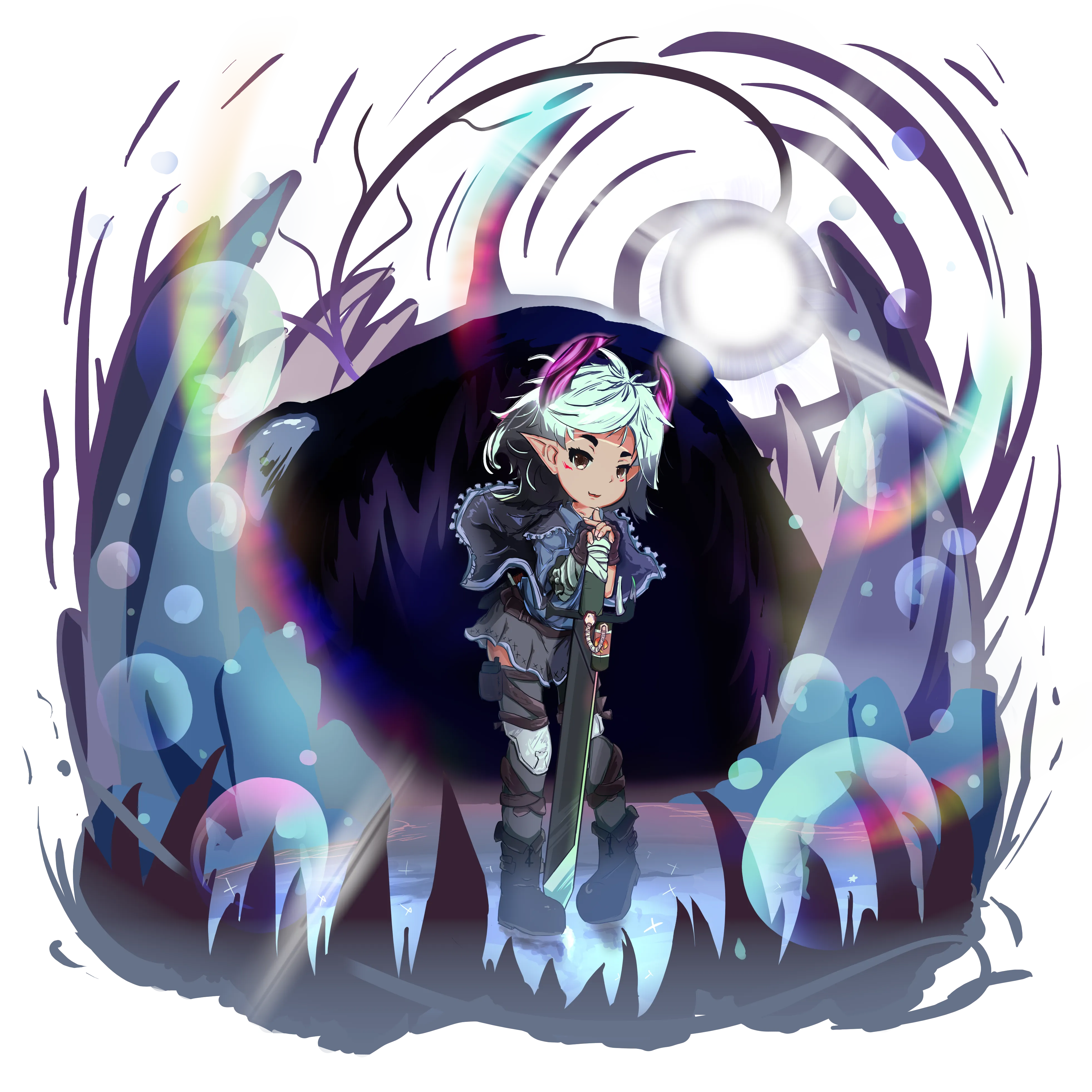 Arknights-verse collab character, Mithril, leaning on her large sword with lantern-fish background