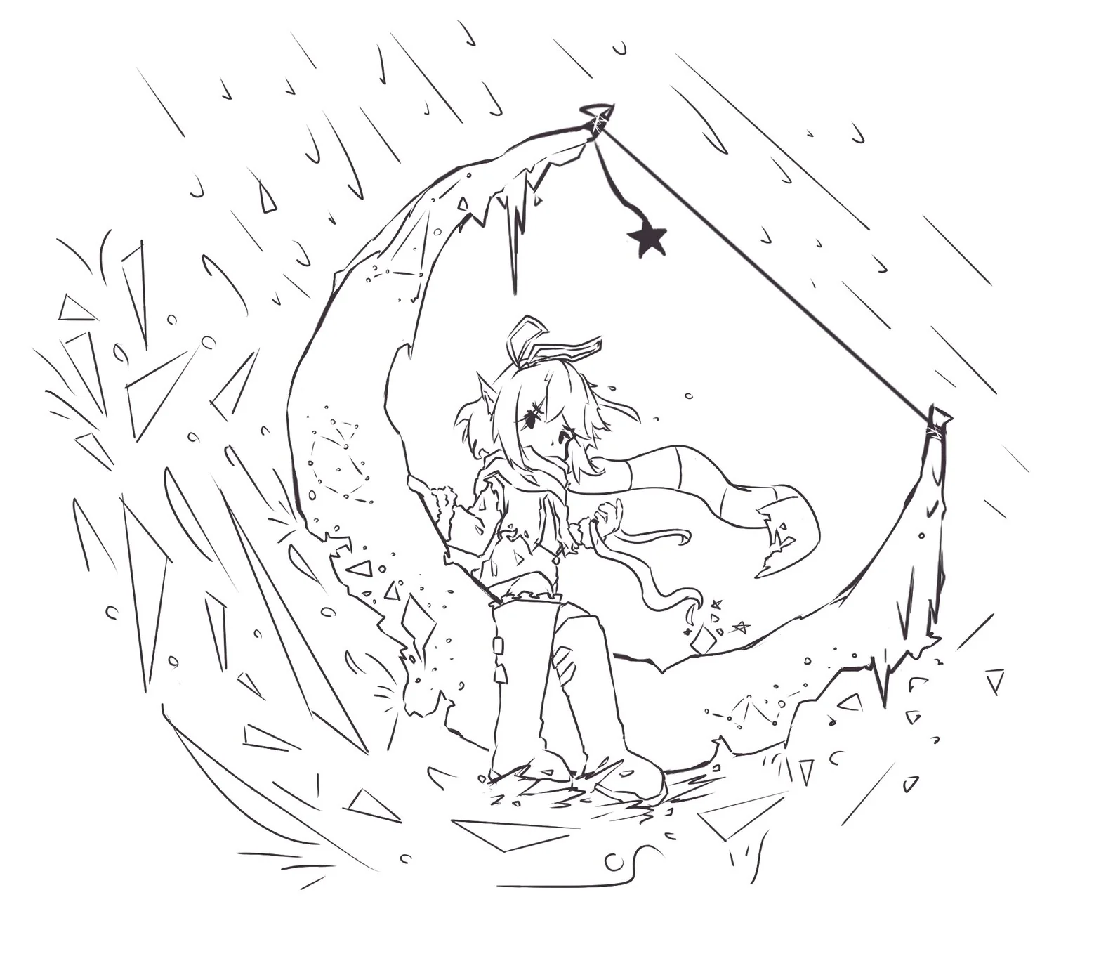 Stylla on a small magical ship storming the seas