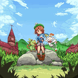 Pokemon Sword and Shield main character with 3 starter pokemon on a field