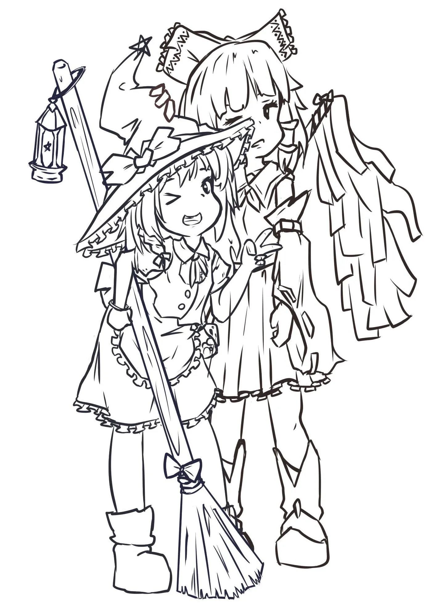 Marisa photo-bombing Reimu with peace sign and a wink