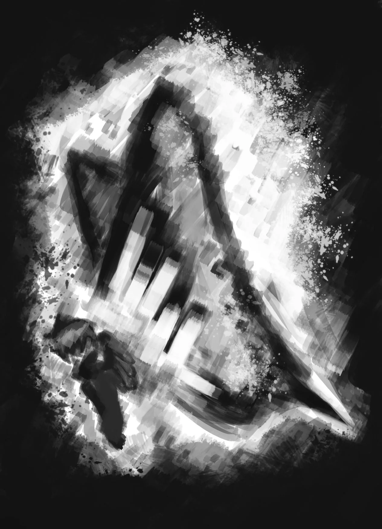 Black and white painting of Eternity Larva hugging her knees