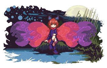 Sekibanki with her cape fluttering, each side of it has mirage of her companion, Wakasagihime and Kagerou animation