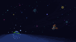 Marisa flying with broom on a flat ocean full of cosmic object and earth