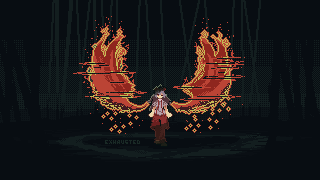 Mokou standing in the bamboo forest with her fiery wings spread out