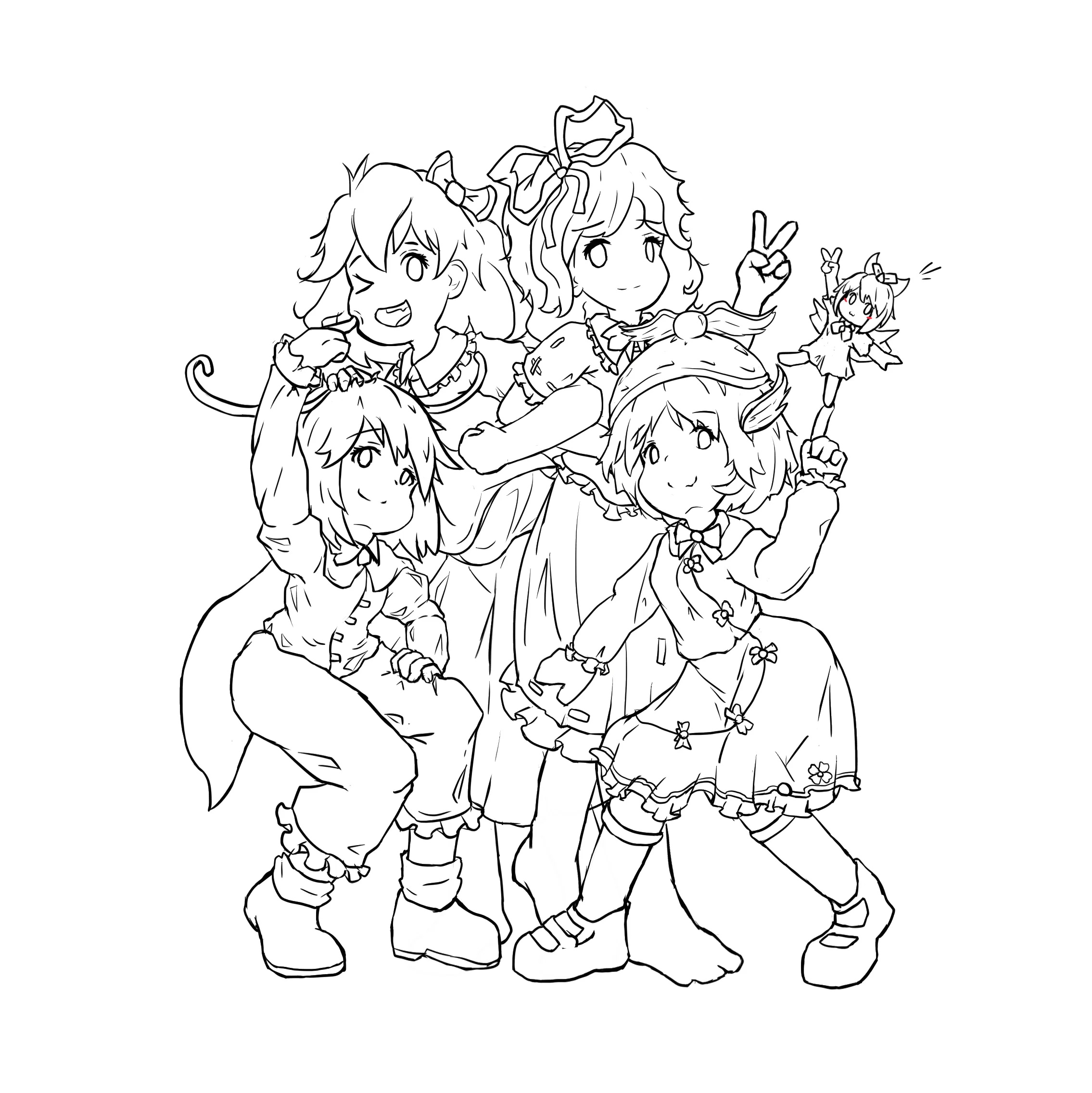 Wriggle, Rumia, Medicine, and Mystia group photo lineart