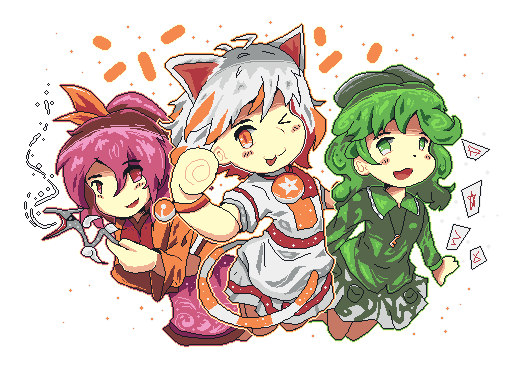 Sannyo, Mike, and Takane jumping out pose