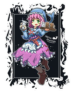 Miyoi hopping pose while holding drinks